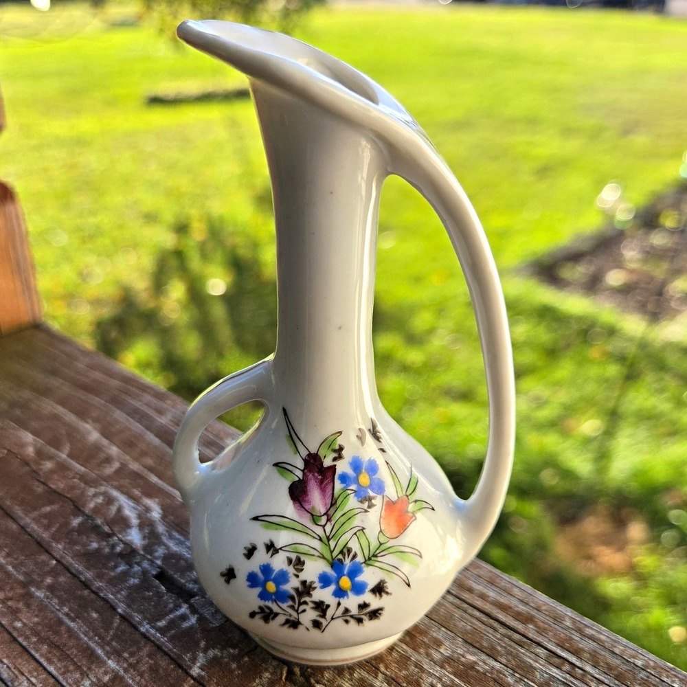 Vintage Mini Ceramic Pitcher Bud Vase Japan Floral Whimsy Fairy Hand Paint Knack